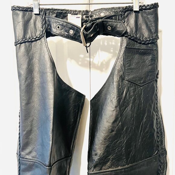 Hot Leathers Braided Black Leather Riding Chaps-Motorcycle-Large-Unhemmed-Unisex - Picture 3 of 16